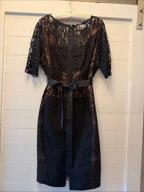 Black Lace Midi Dress with Ribbon Waist Belt